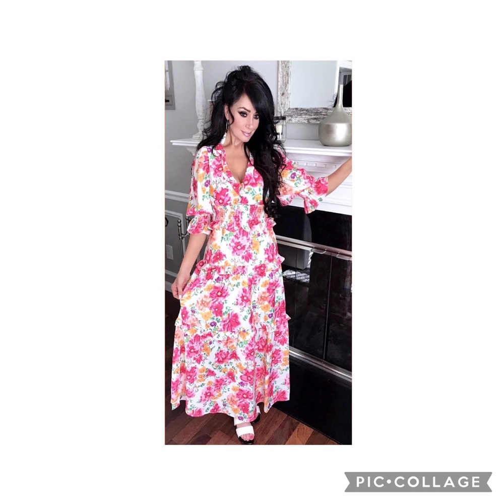 SHEIN Tiered Pink and White Floral Maxi Dress